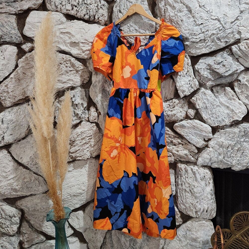 Tabitha Brown Target Floral Dress Puff Sleeve Orange Blue Tie Midi Women's 6